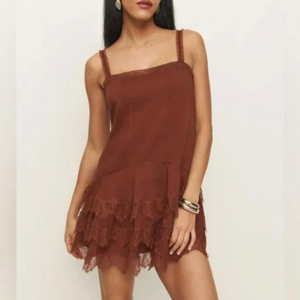 Reformation Brown Lace-Trim Mini Dress